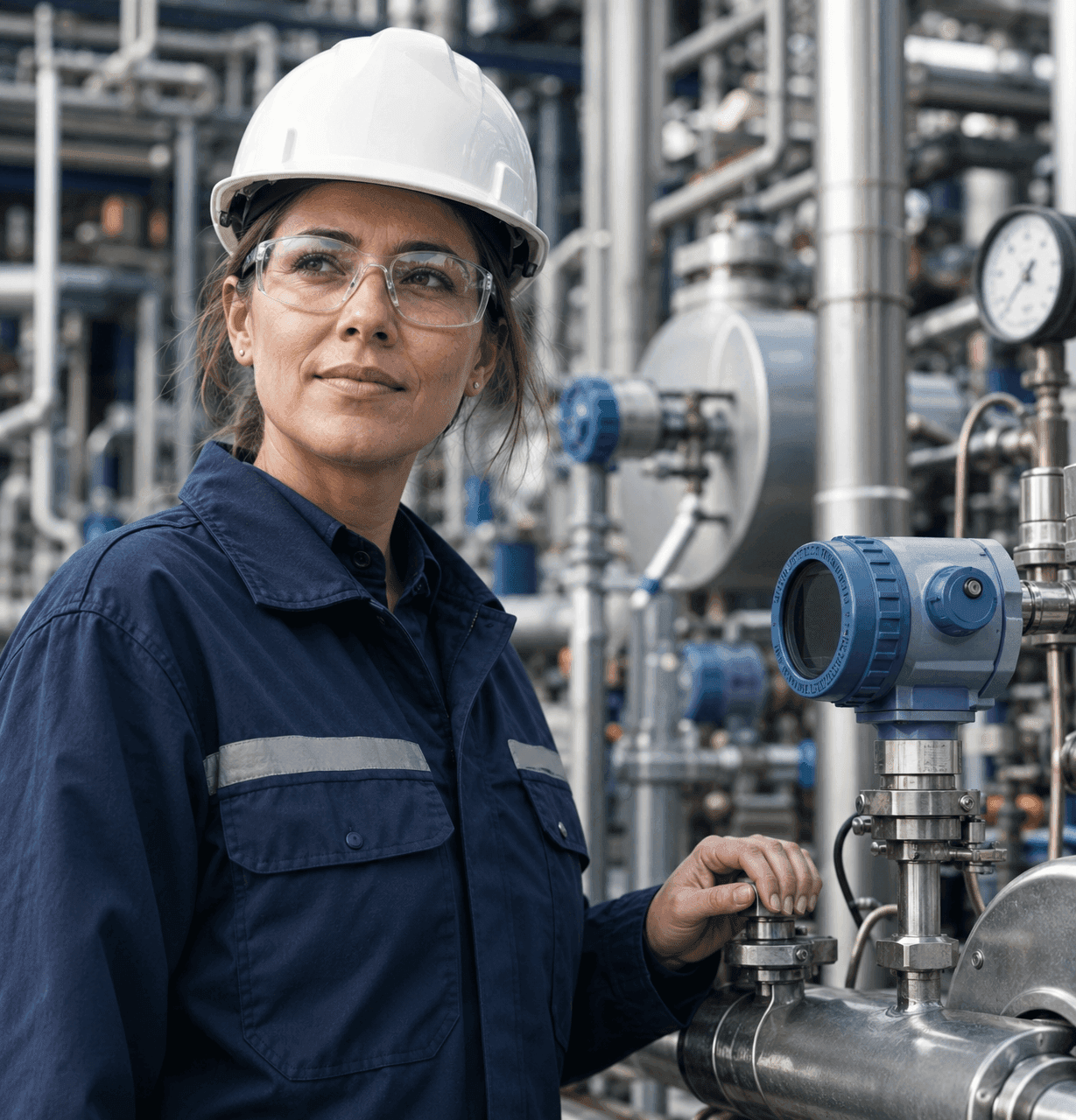 Speed Proses female process engineer inspecting a transmitter in the field